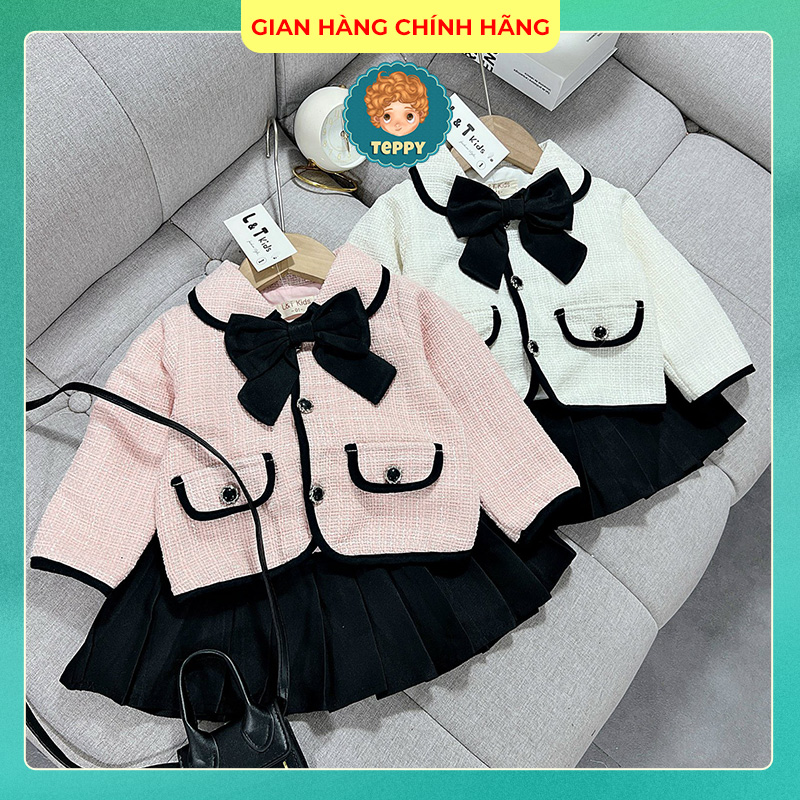 Set váy dạ tiểu thư nơ cổ cho bé gái