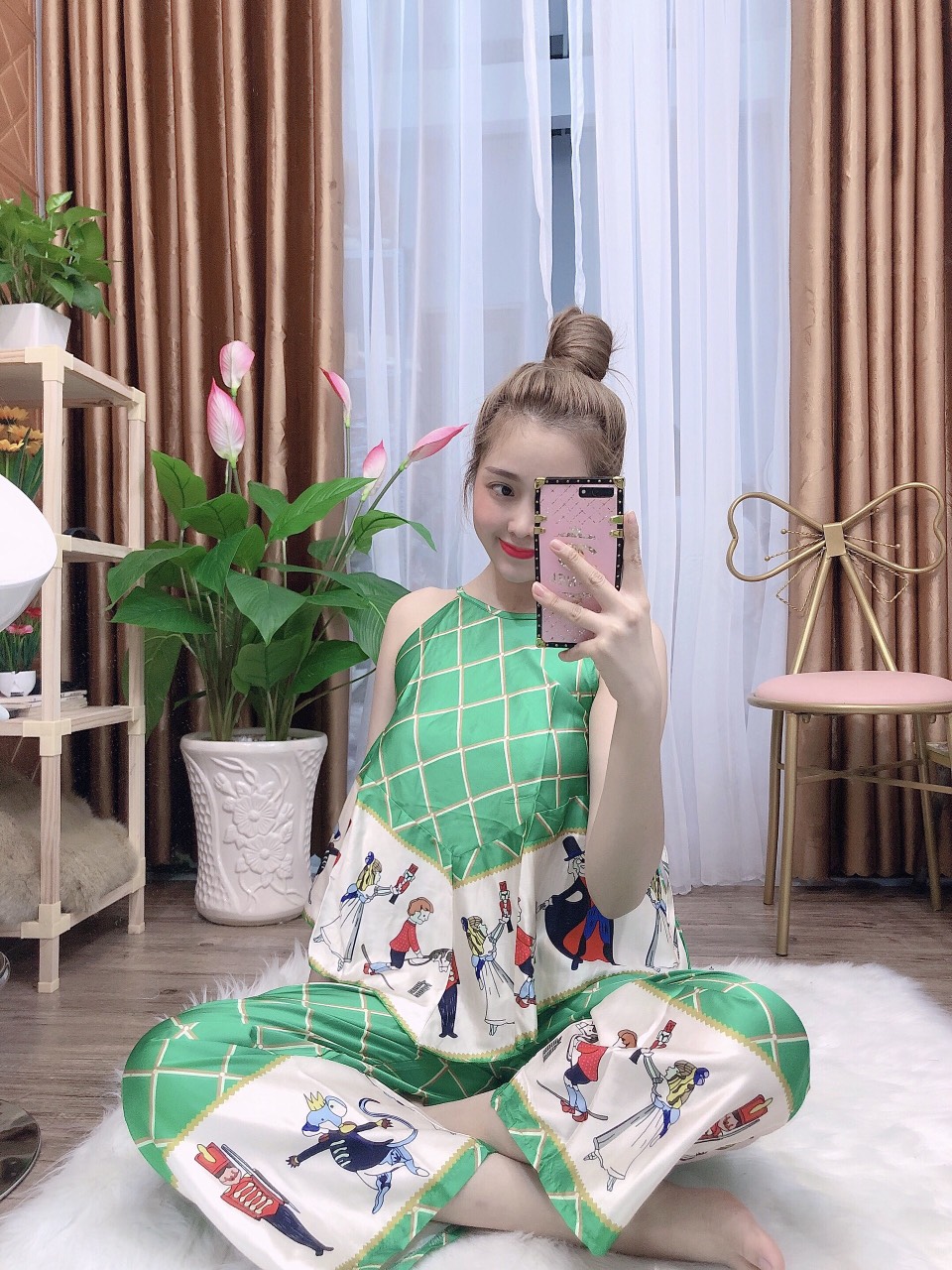 Sét bộ lụa satin dài tay phối lai-MTB