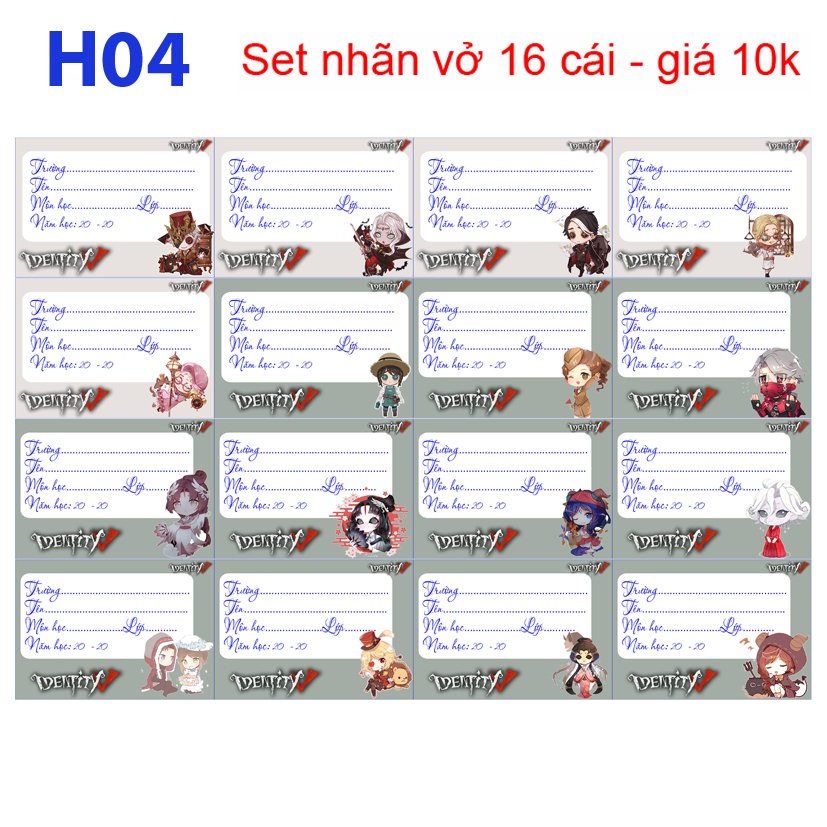 Set 32-64 Nhãn vở Identity V