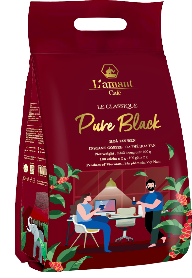 Cà phê hòa tan đen L amant vị nguyên chất Pure Black Túi 100 gói x 2gr