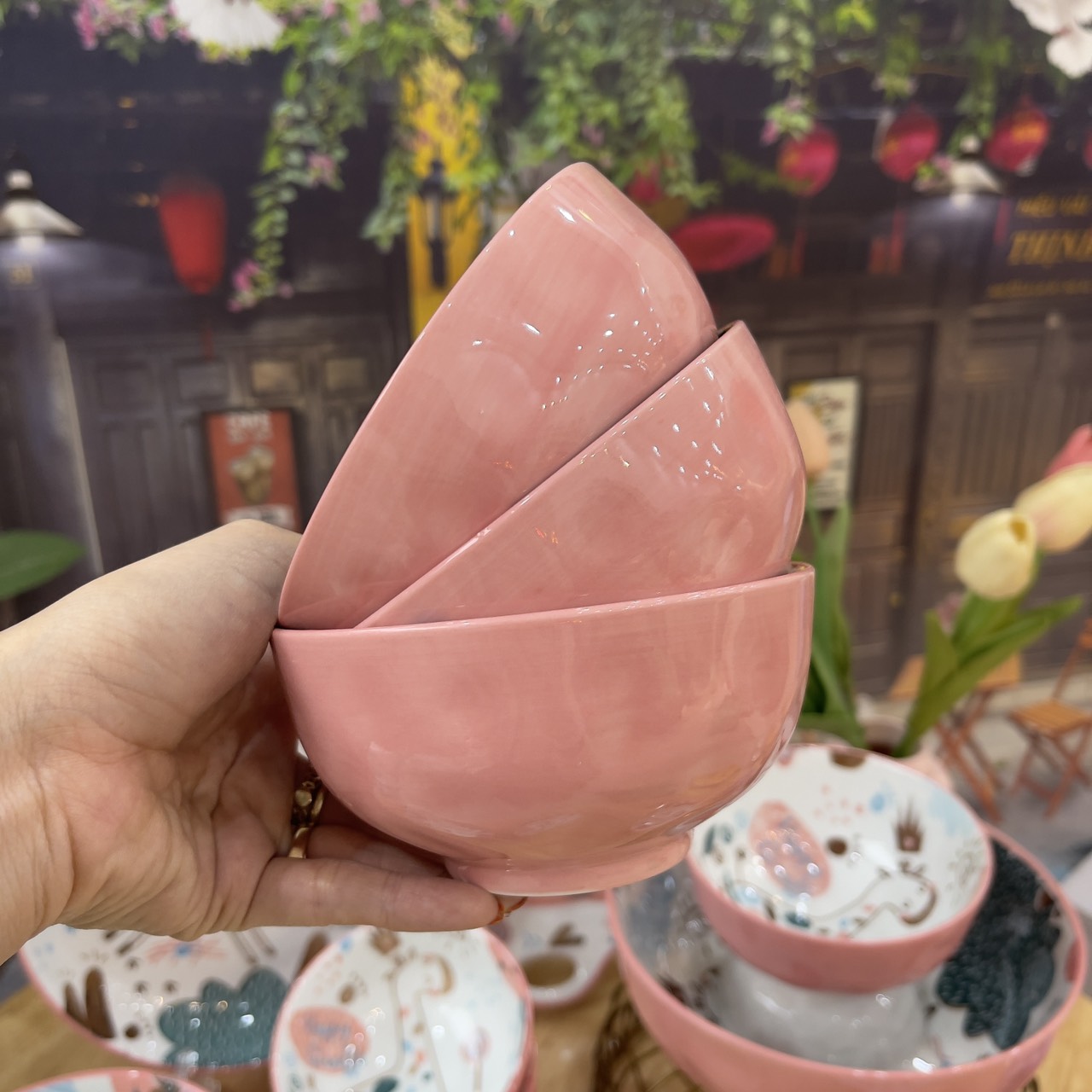 Bát Đĩa Gốm Sứ Decor, Bát Ăn Cơm, Bát Ăn Chè, Chén Dĩa Dễ Thương Bộ Bát Đĩa Hươu Hồng 15 món Xinh Yêu Gomsudecor21