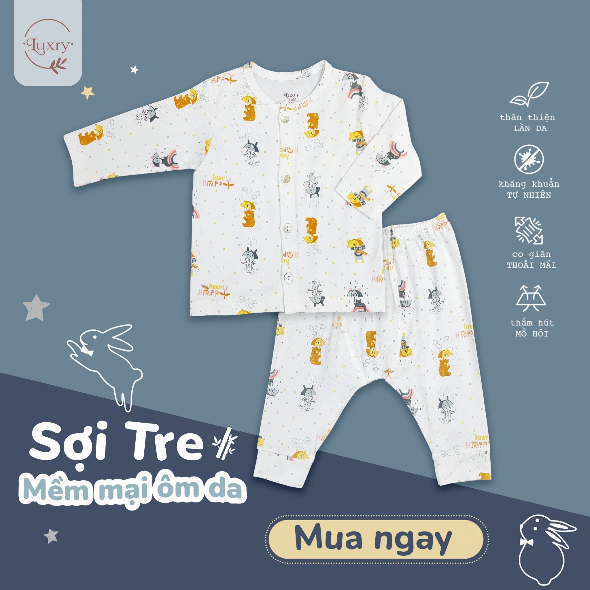 Bộ Quần Áo Dài Tay Cài Thẳng Họa Tiết Luxry Vải Sợi Tre