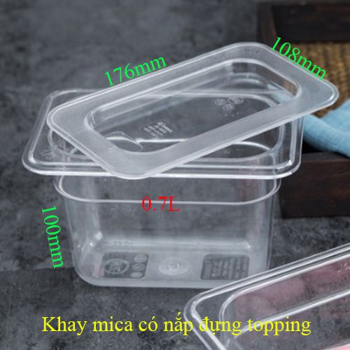 Khay nhựa có nắp đựng thực phẩm topping GN 1/9 sâu 100
