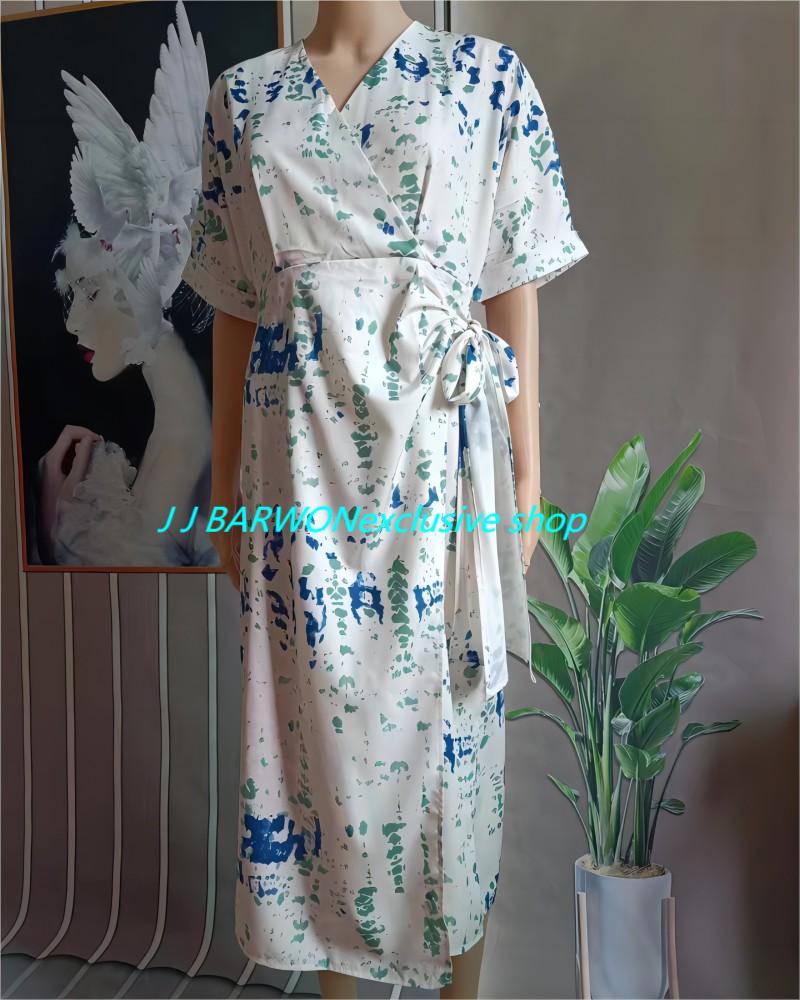 韩国别致j j barwon夏季复古v领花色印花一片式系带收腰显瘦短袖连衣裙