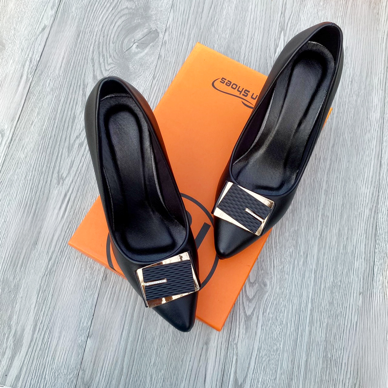 Giày cao gót mũi nhọn gót loe đính mác 5 cm, 7cm
