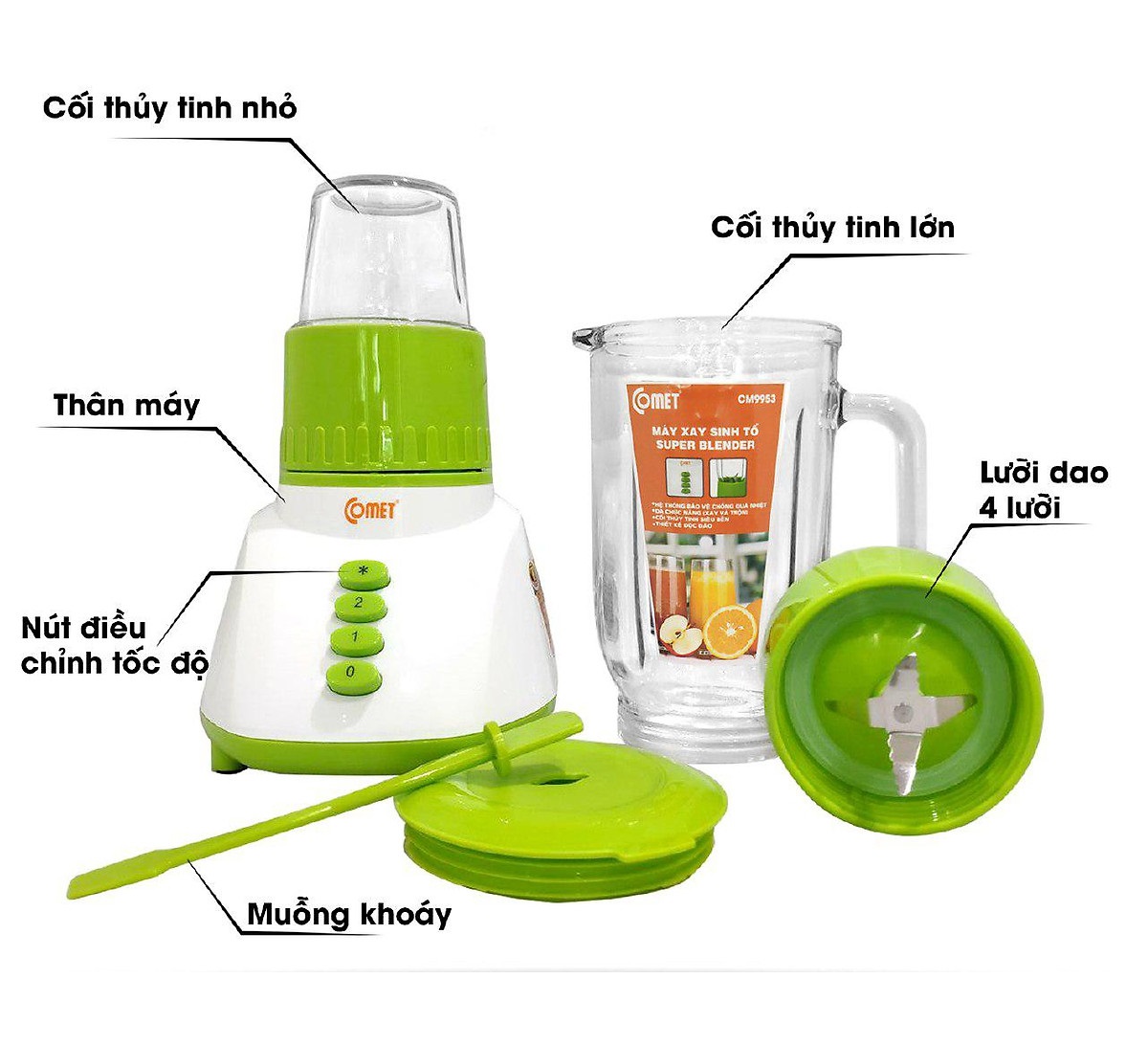 MÁY XAY SINH TỐ 2 LY THỦY TINH COMET CM9953 SIÊU BỀN ( 1.25 LÍT - BẢO VỆ QUÁ NHIỆT, AN TOÀN KHI SỬ DỤNG )