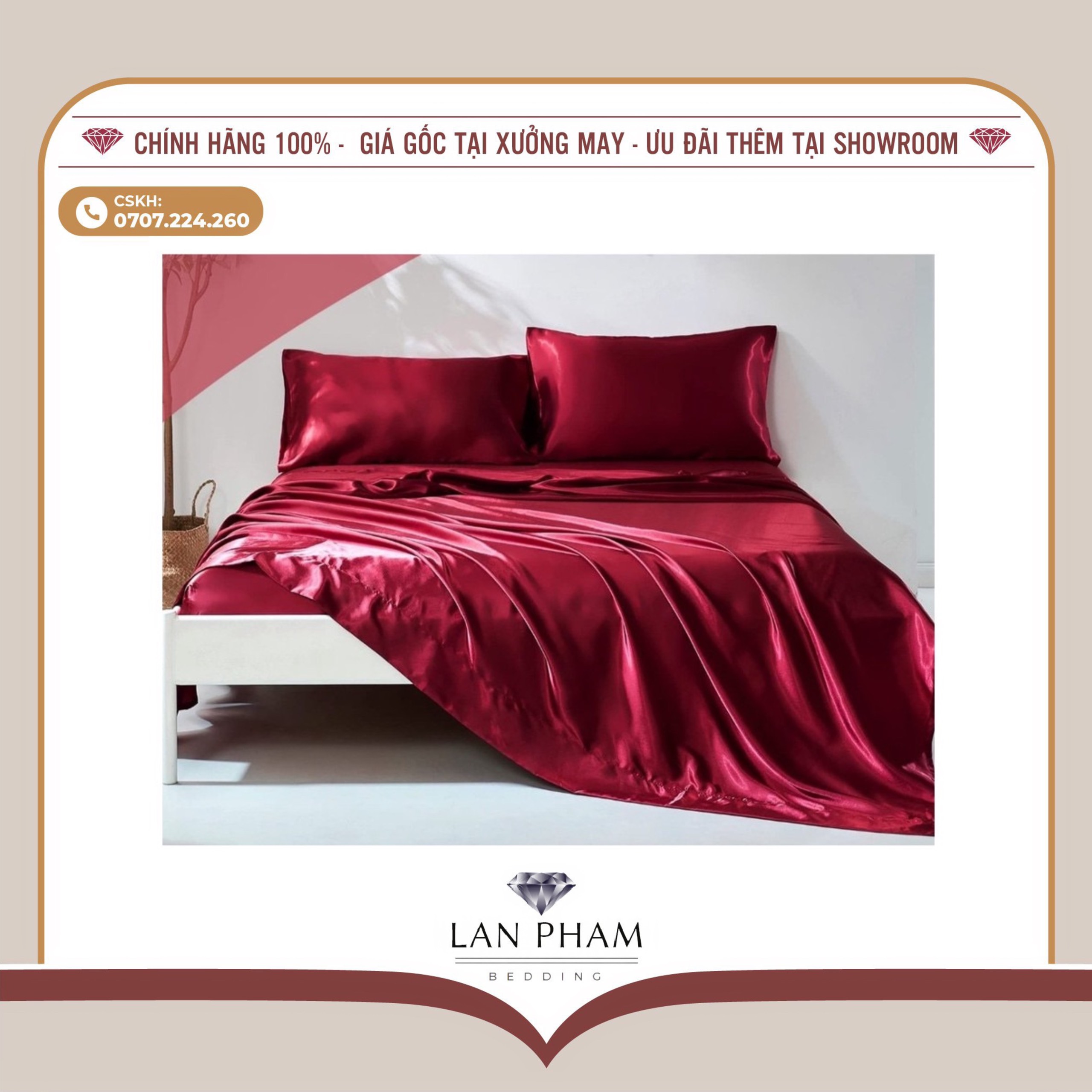 BỘ GA GIƯỜNG DRAP GỐI PHI LỤA MÀU ĐỎ ĐÔ CAO CẤP LAN BEDDING