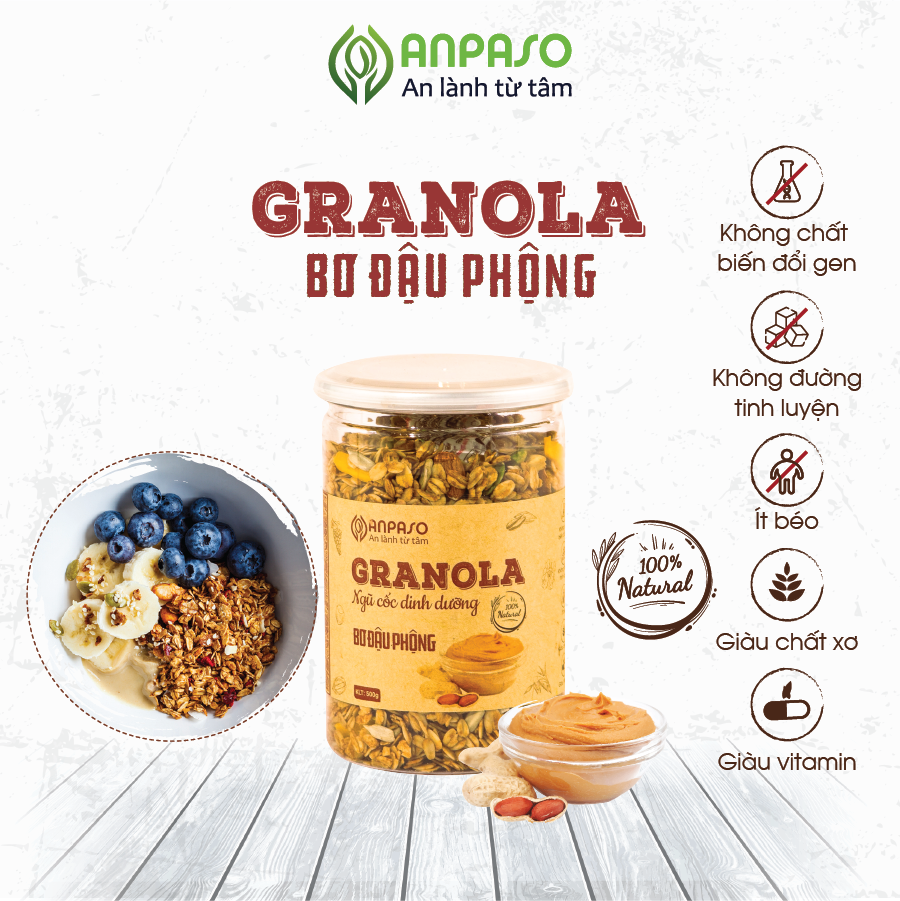 Granola Vị Bơ Đậu Phộng Siêu Hạt ANPASO Ăn Kiêng, Giảm Cân
