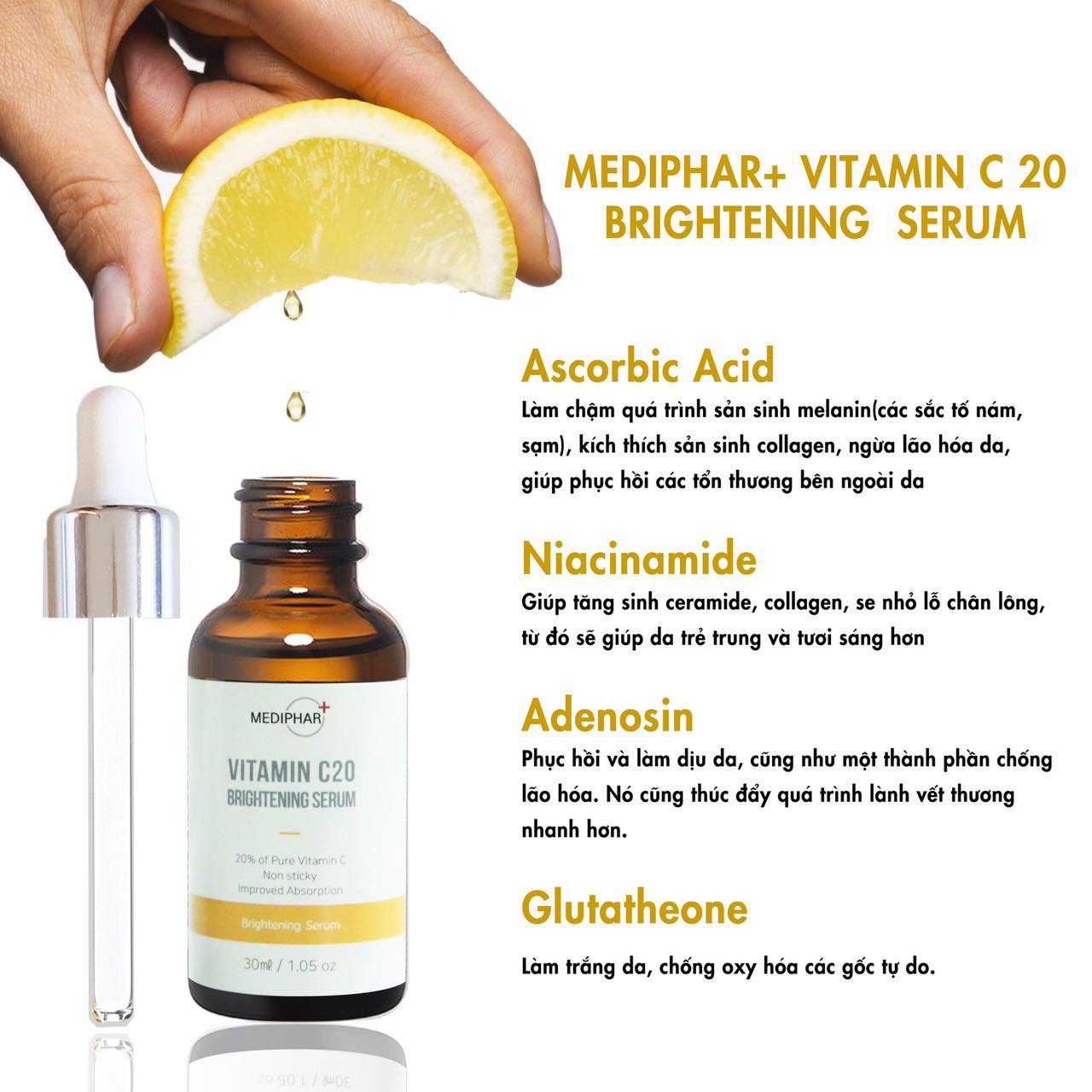 Serum TINH CHẤT DƯỠNG TRẮNG GIẢM THÂM NÁM DA MEDIPHAR + VITAMIN C20 BRIGHTENING 30ml hàng nhập khẩu chính hãng có tem phụ mã qr