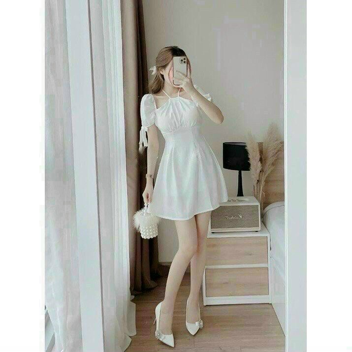 Váy đầm nữ cổ yếm tay cột nơ dẻ thương