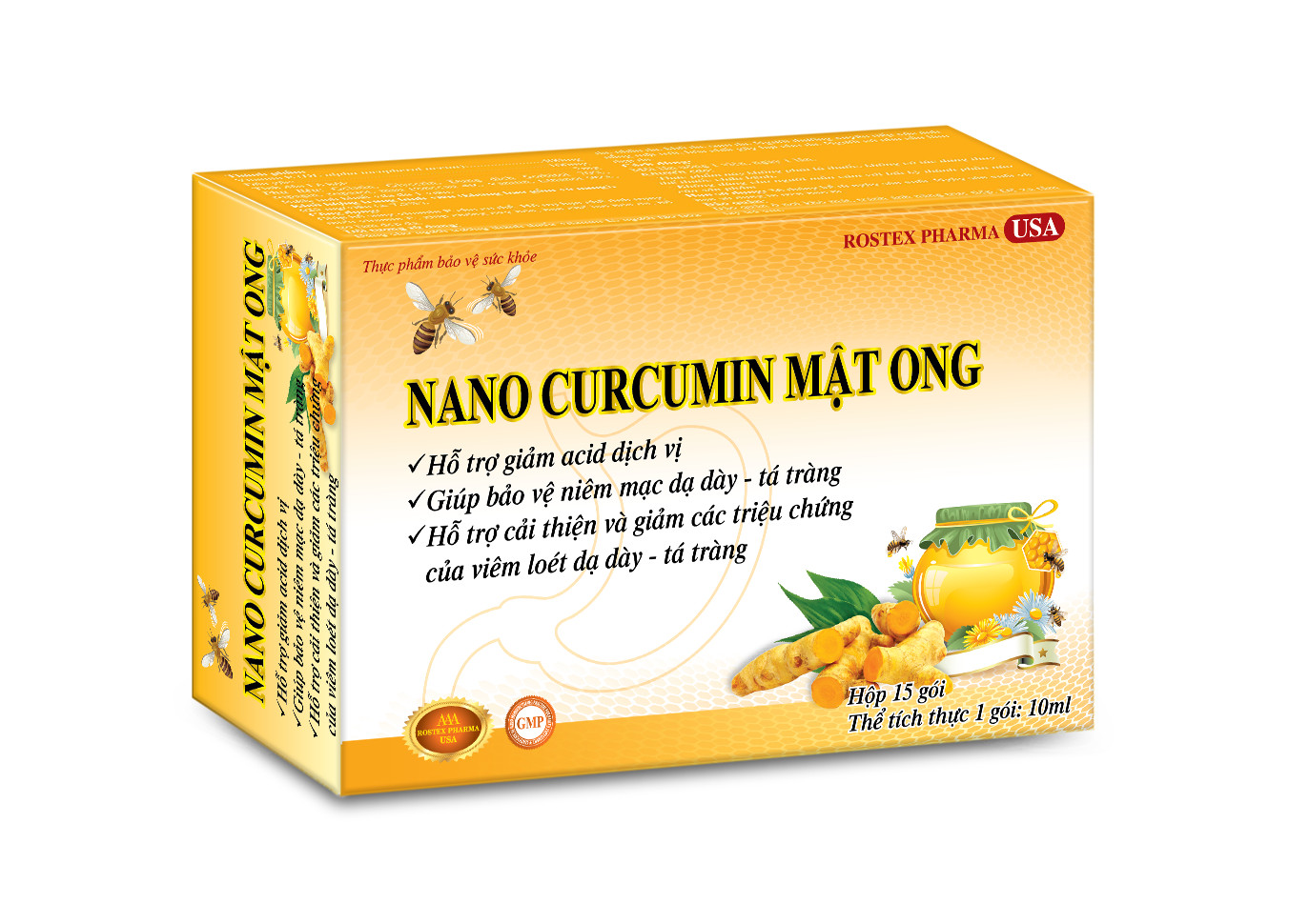 Dung dịch Nano Curcumin Mật Ong hỗ trợ giảm viêm loét dạ dày, trào ngược dạ dày - Hộp 15 gói