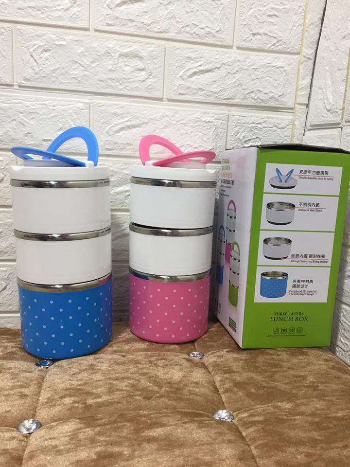 Cặp lồng cơm 3 tầng giữ nhiệt chấm bi ruột inox