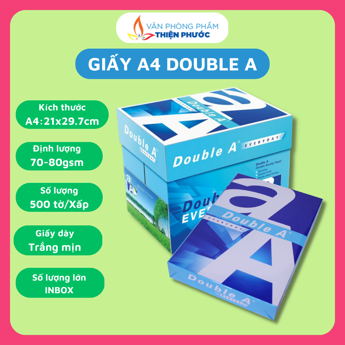 Giấy a4 double a 70gsm 80gsm dày 500 tờ in hợp đồng, hóa đơn thiện phước