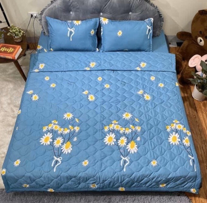 Bộ Chăn Ga Gối Combo 5 Món - Bộ Hoa Xanh (1 Ga chun bọc nệm (đệm), 2 Vỏ gối nằm, 1 Chăn Hè chần bông, 1 Vỏ gối ôm)