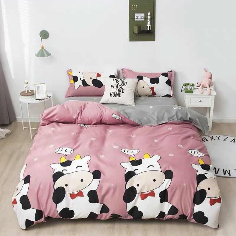 Trọn bộ 4 món chăn ga gối cotton poly nhập mẫu bò sữa hồng