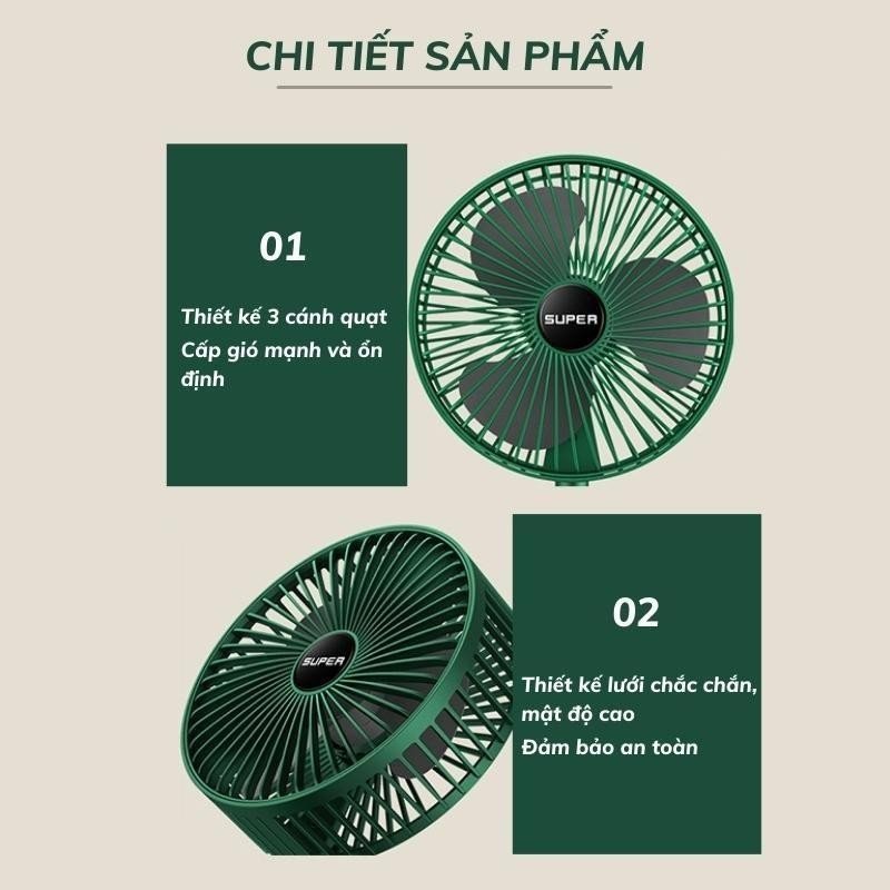 Quạt Tích Điện Để Bàn Mini Super Fan Gấp Gọn Có Thể Kéo Dài 3 Tốc Độ Gió Xoay 360 Cổng Sạc Usb Tiện Dụng