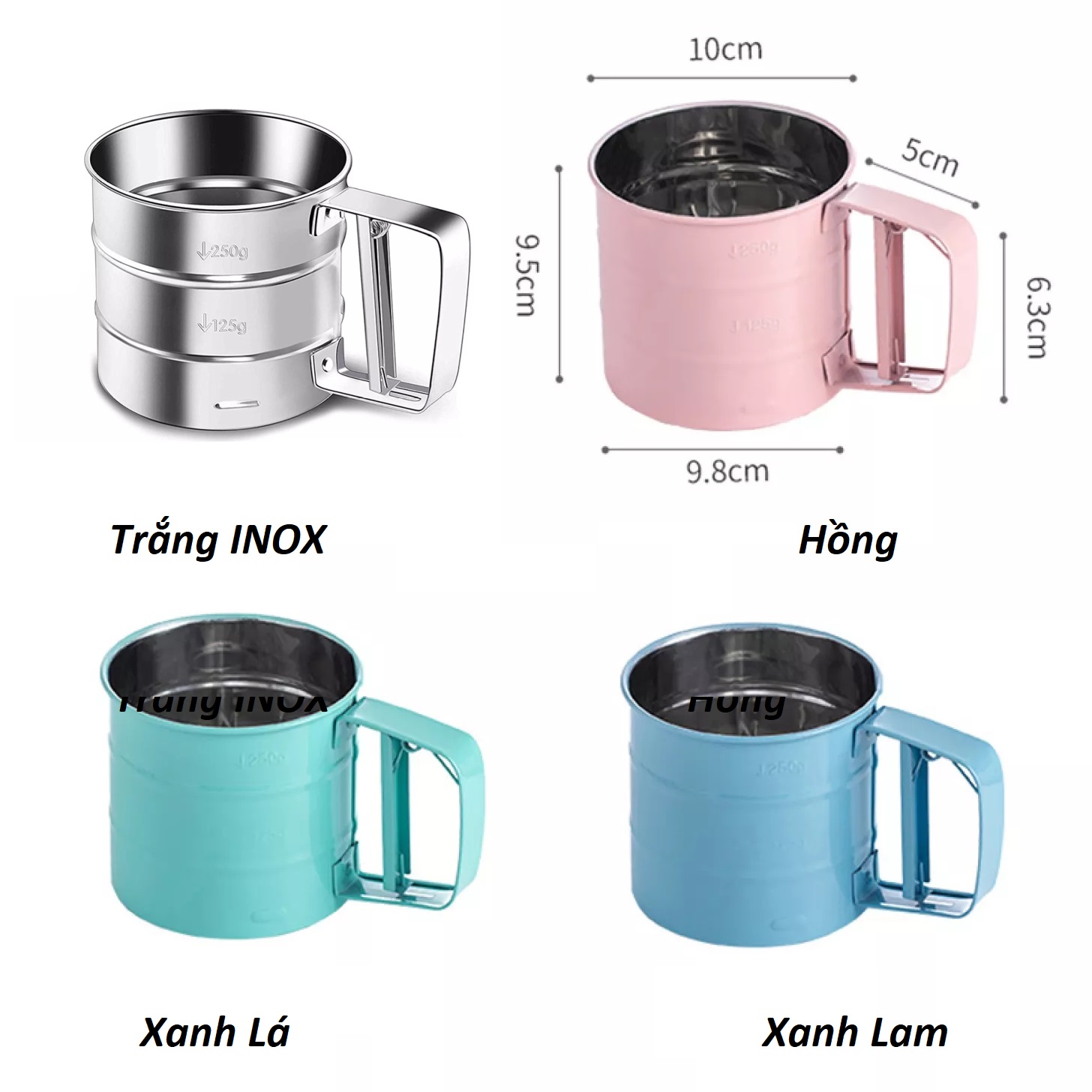 [Sắc Màu] Máy Rây Bột Tự Động INOX. Ca rắc bột Tay Cầm Lưới Lọc Siêu Mịn.  Dụng Cụ Làm Bánh sàn lược Ca cao chuyên nghiệp