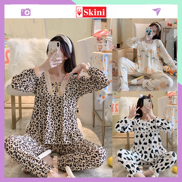 Nơi bán Bộ ngủ dài tay pijama nữ chất cotton cao cấp dễ thương-SKINI