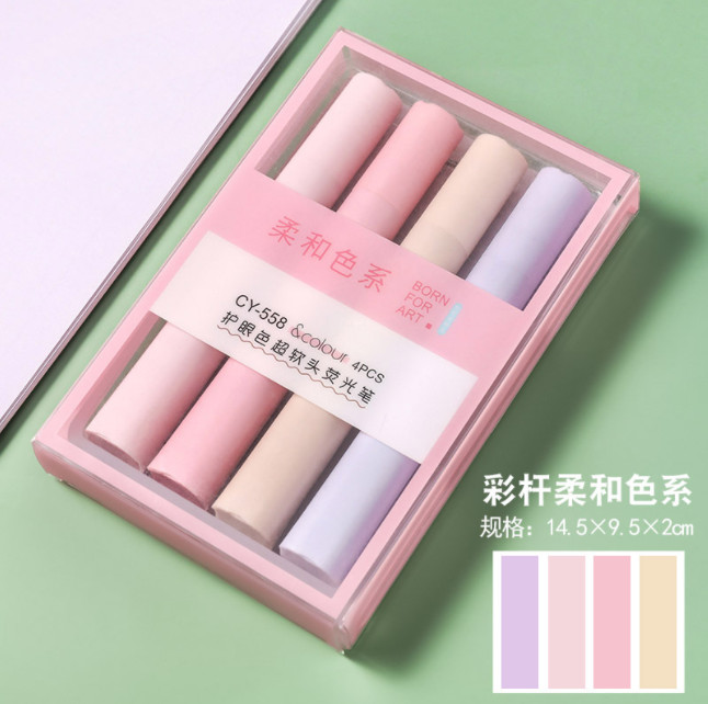 Set 4 bút dạ quang, bút hightlight, bút đánh dấu dáng trụ tròn nhỡ tông pastel MIM S4BNTRU