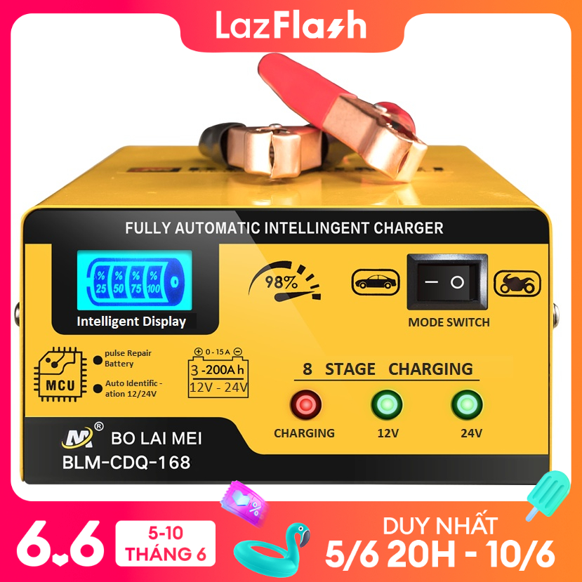 Máy sạc bình ắc quy 12V 24V 3AH đến 200AH BOLAIMEI BLM-168 sạc cho ắc quy ô tô ăc quy xe máy ắc quy đồng nai ắc quy gs bình khô và nước tự ngắt khi đầy chống ngược cực có quạt tản nhiệt