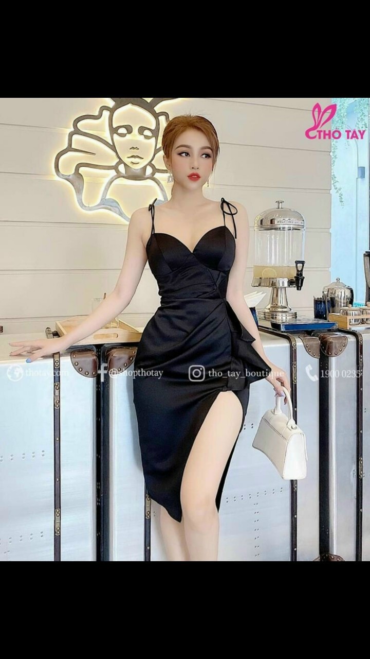 Đầm body 2 dây bèo xẻ đùi-QH#dam
