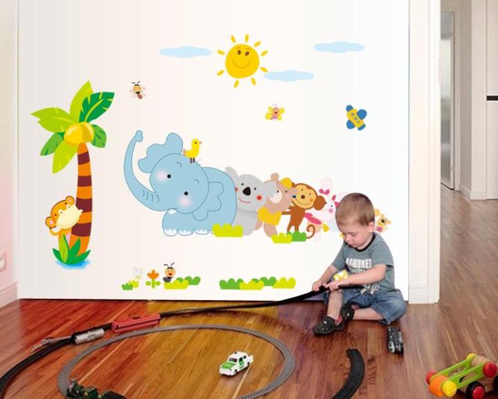 Sticker Tranh Dán Tường,  Decal dán tường kết hợp Các con thú và Chân Tường Động Vật AY639+XL7181