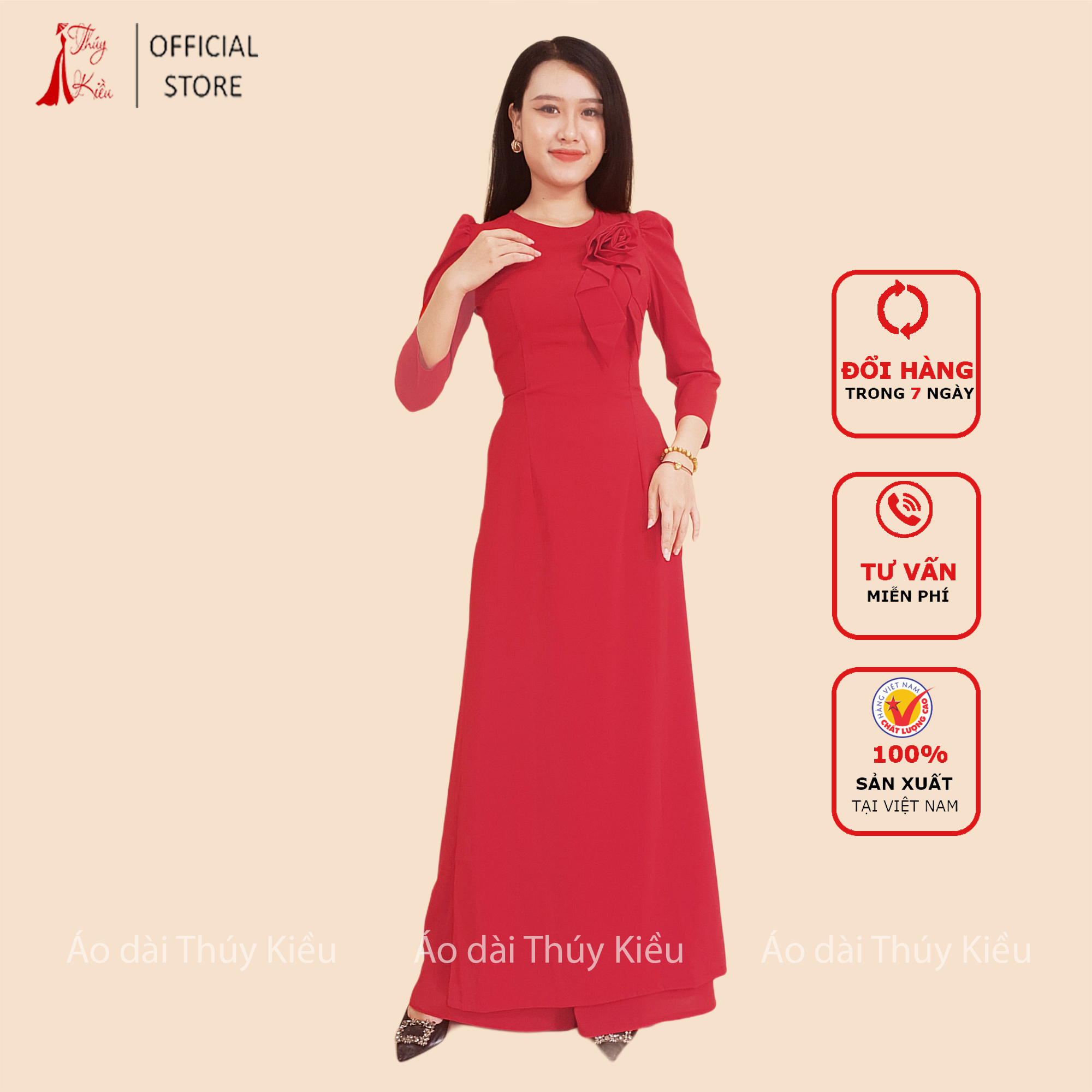 Áo dài trơn lụa Nhật cổ tròn màu đỏ tay bồng A03