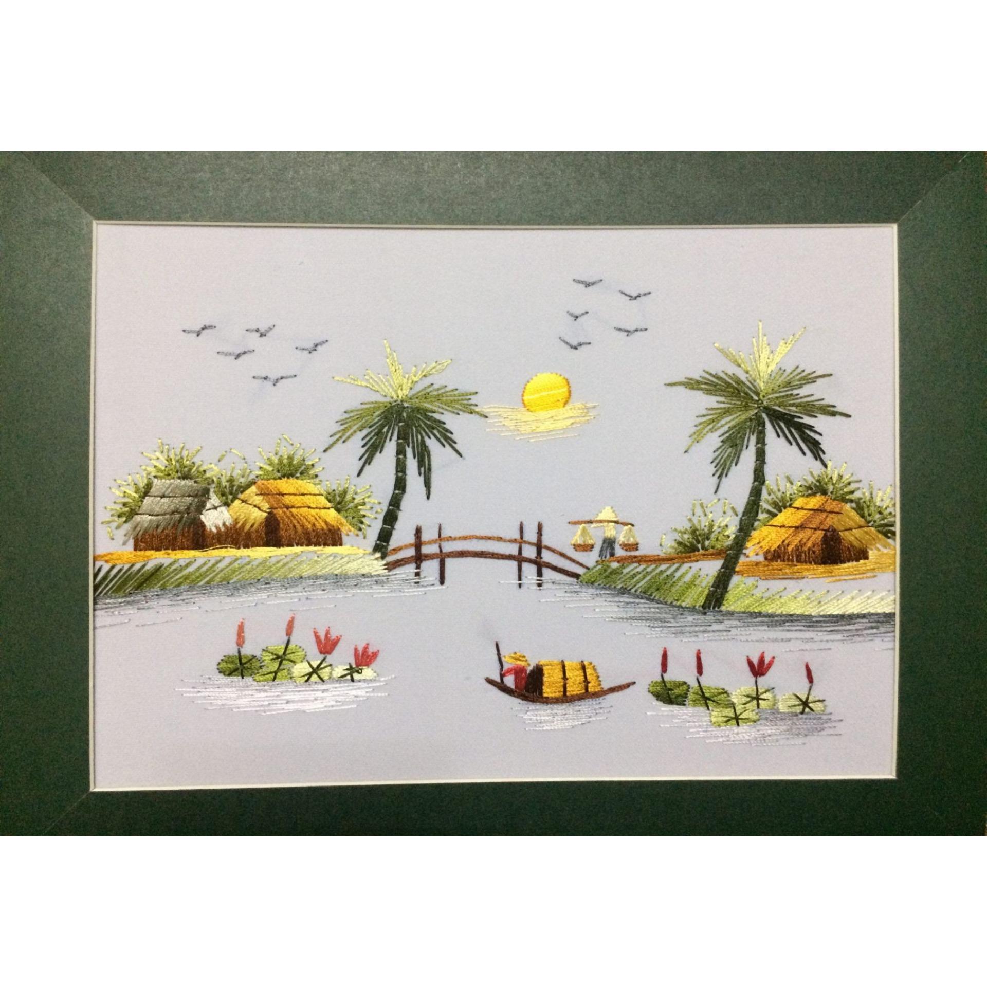 Tranh thêu tay Đồng Quê Cầu Sen 20 x 25cm DQCS002