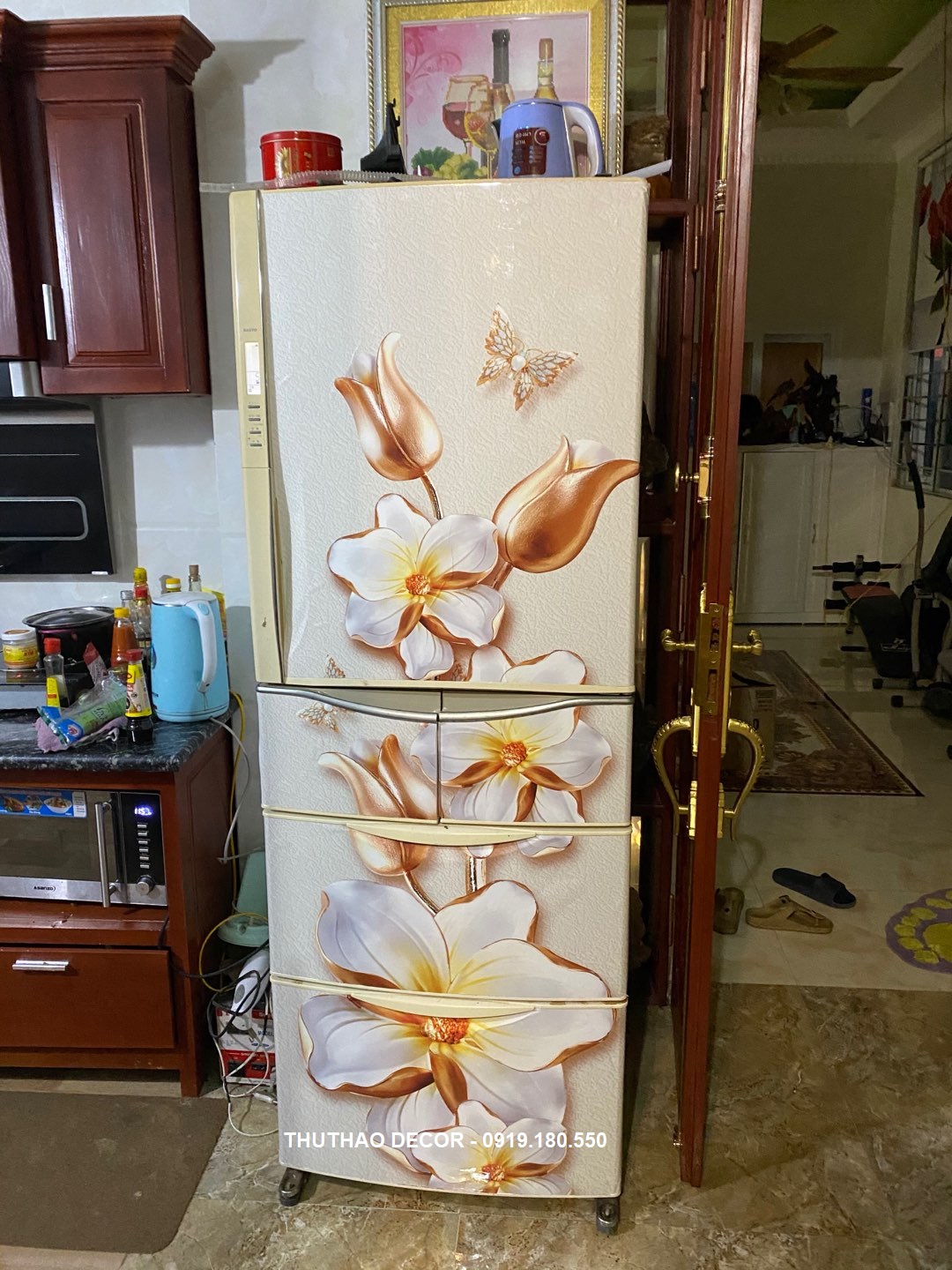 [HCM]Decal Dán Tủ Lạnh HOA VÀNG 3D - THUTHAODECOR