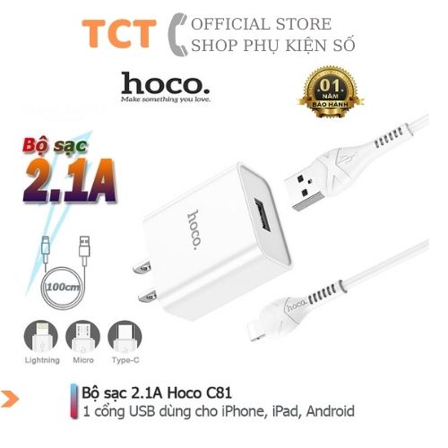 Bộ Sạc Nhanh Hoco C81 Sạc Nhanh 5V/2.1A Đủ 3 Chân Ip/Micro/Type_C