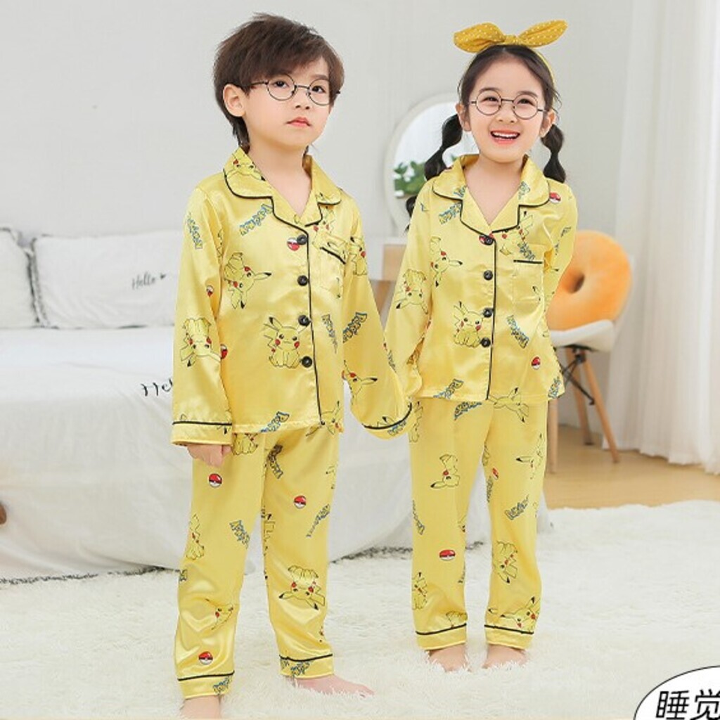 Bộ Đồ Ngủ Pijama Lụa In Pikachu Cực Xinh Cho Bé Trai Bé Gái Mẹ Sữa