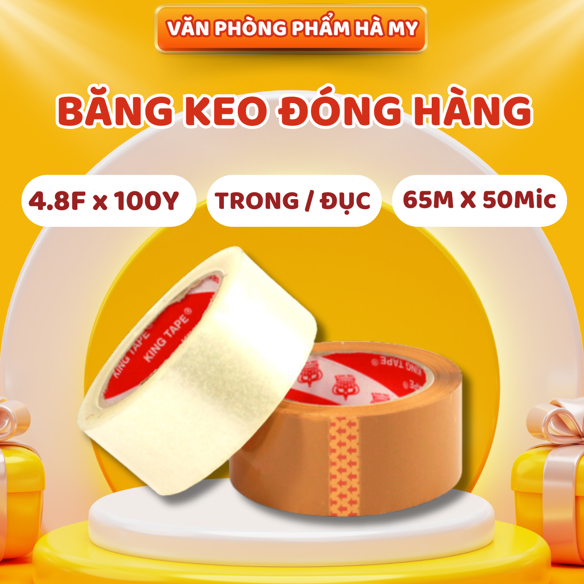 Băng keo Trong và Đục đóng hàng 4,8F x 100Yard x 65M