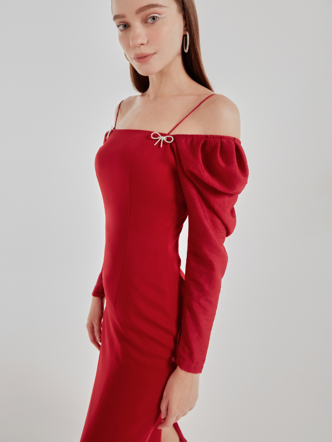 COCO SIN - Đầm Saphia Đỏ Đính Nơ Tay Dài