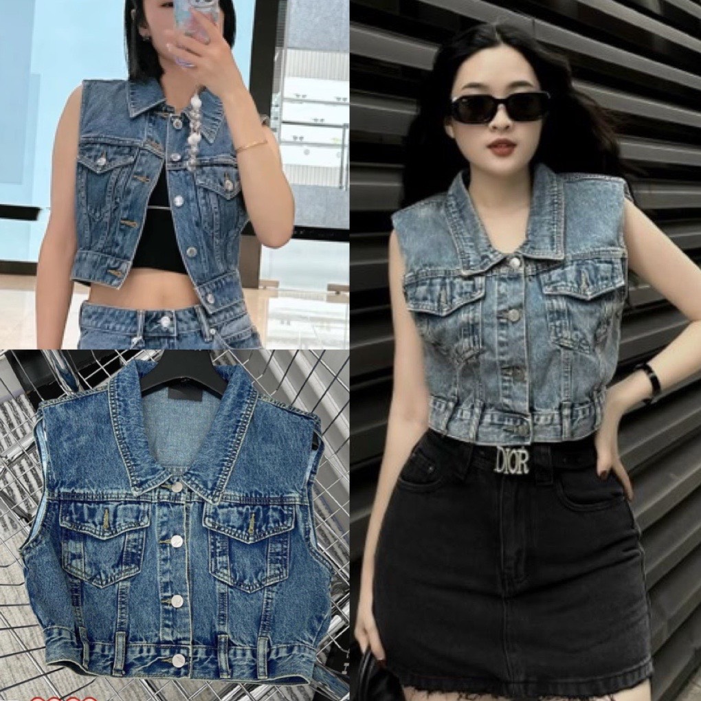 Áo gile jean nữ CROPTOP hàn quốc áo khoác gile bò trơn màu xanh đậm túi hộp bo cạp jackit phong cách ulzzang hàn quốc PHUONGMART