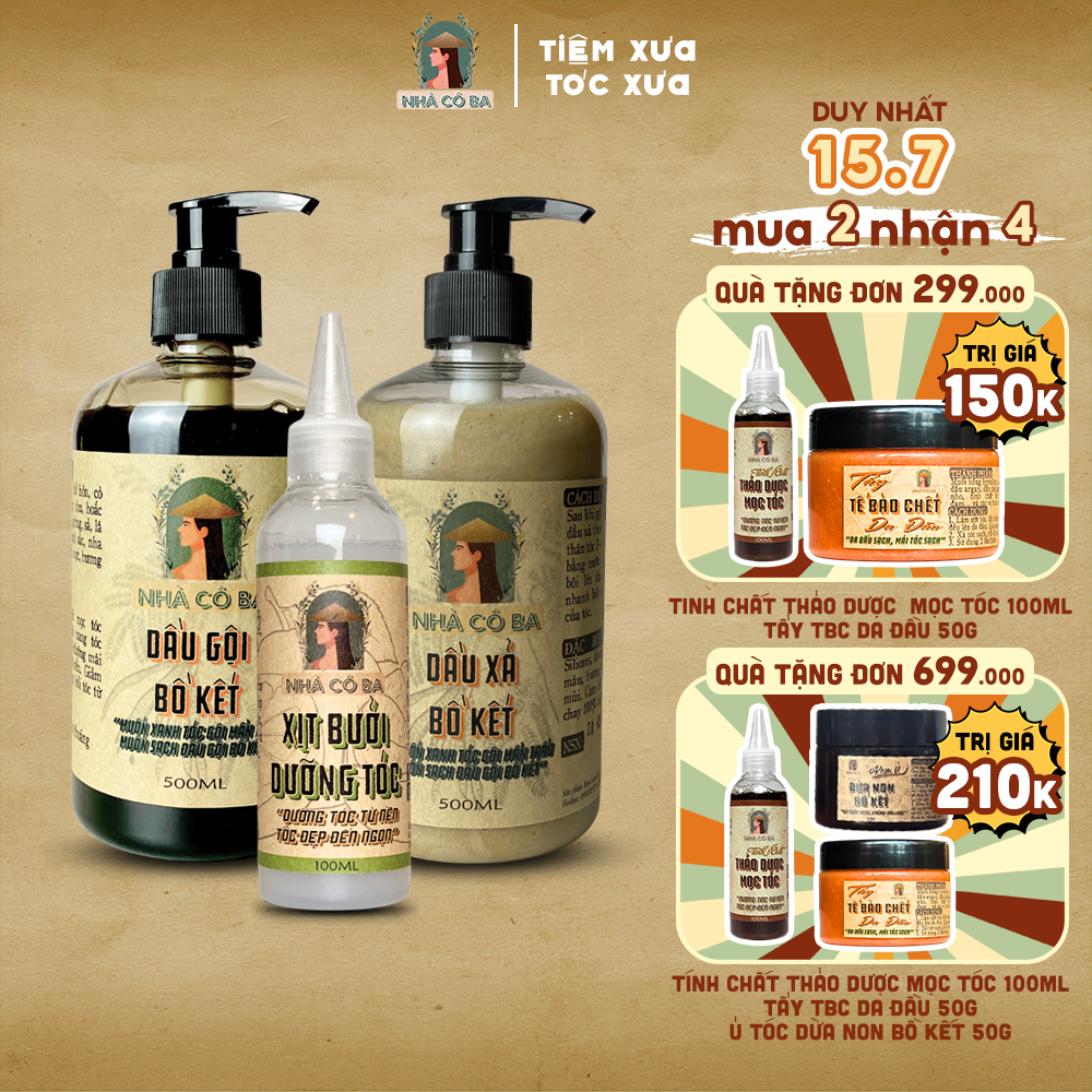 Dầu Gội Dầu Xả Bồ Kết Xịt Bưởi dưỡng kích mọc tócThiên Nhiên Thảo Mộc Nhà Cô Ba giãm gàu gãy rụng nuôi dưỡng phục hồi tóc kích mọc tóc