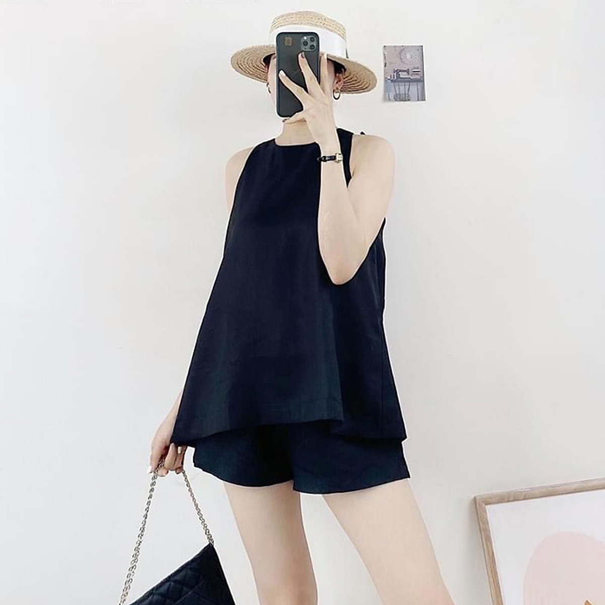 Áo kiểu dáng yếm khoét sâu hở lưng cúc bọc chất Linen thô nhập Hàn cao cấp xịn xò