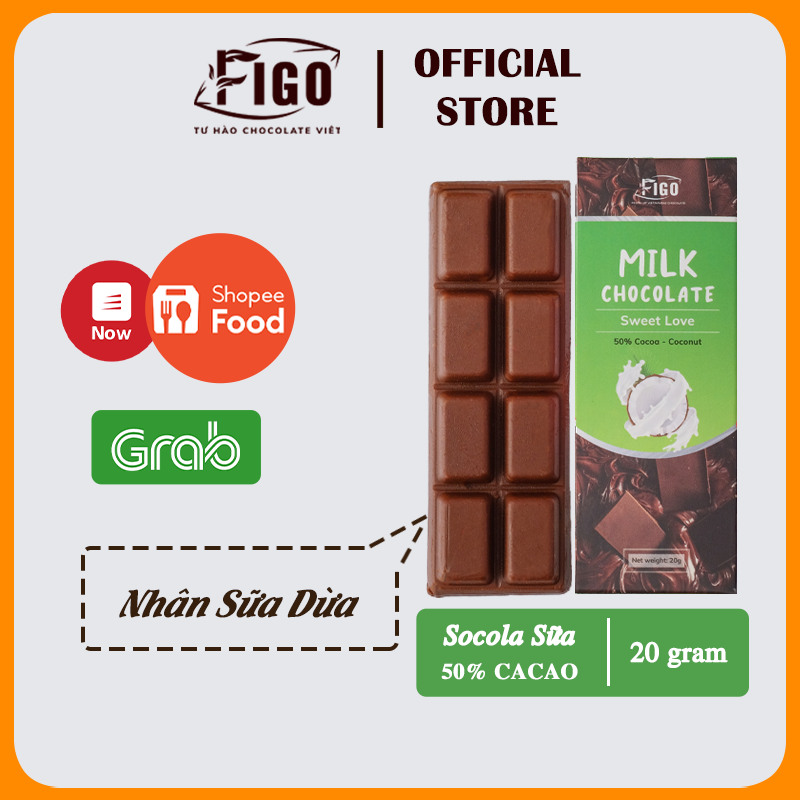 [Chính hãng] Bar 20gr- Milk Chocolate, Kẹo Socola sữa 50% Cacao nhân Sữa dừa giòn tan ngay trong miệng, Ăn là nghiện