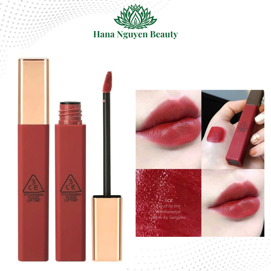 Son kem mịn lì 3CE Cloud Lip Tint, cam kết hàng chuẩn chính hãng, màu immanence, macaron red, live a little, needful, peach tease, blossom day, active lady