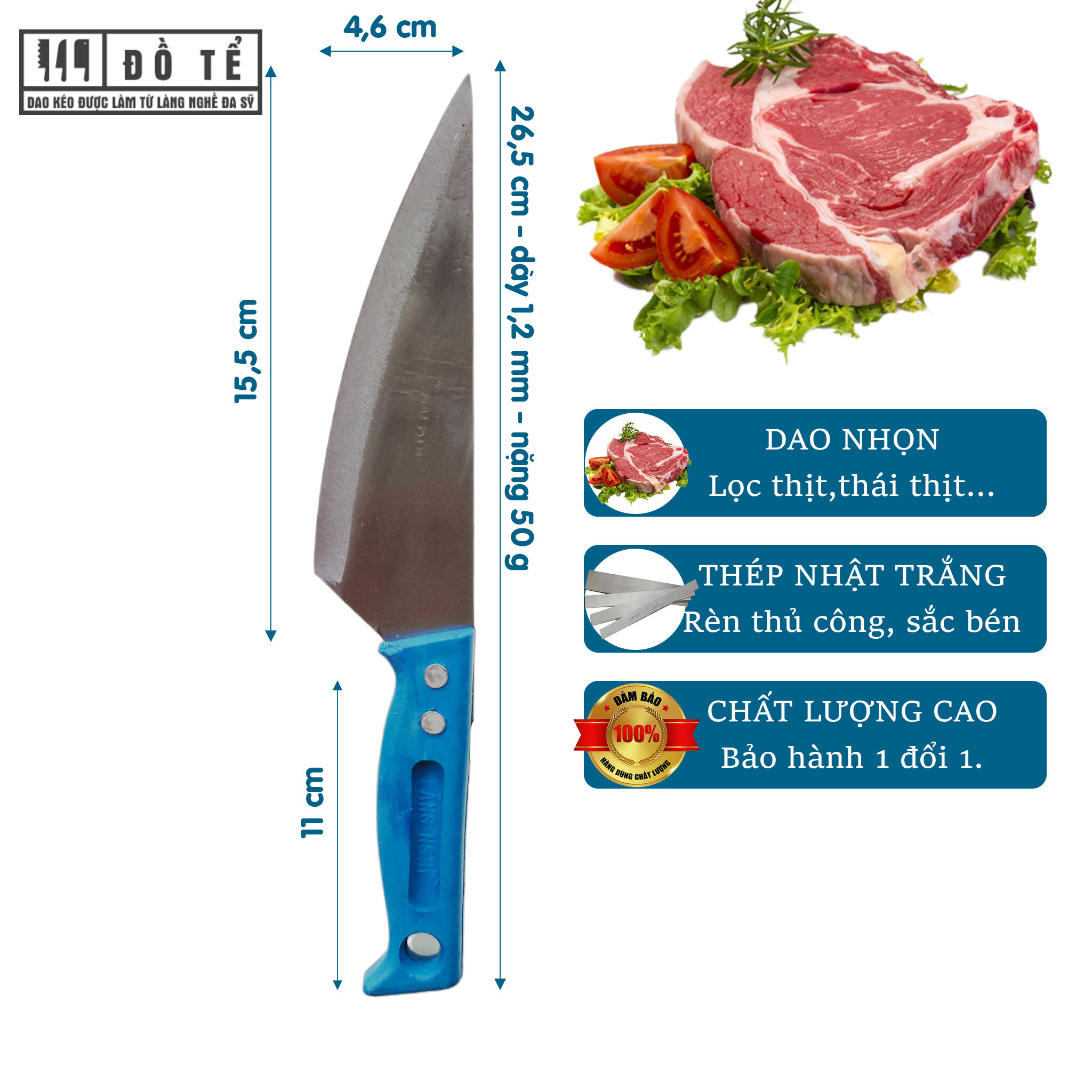 Dao nhọn lọc thịt, dao thái thịt cán nhựa - xưởng rèn đồ tể - đa sỹ - hl46