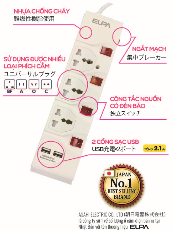 Ổ plug electrical safety ELPA esu-vni33 genuine
