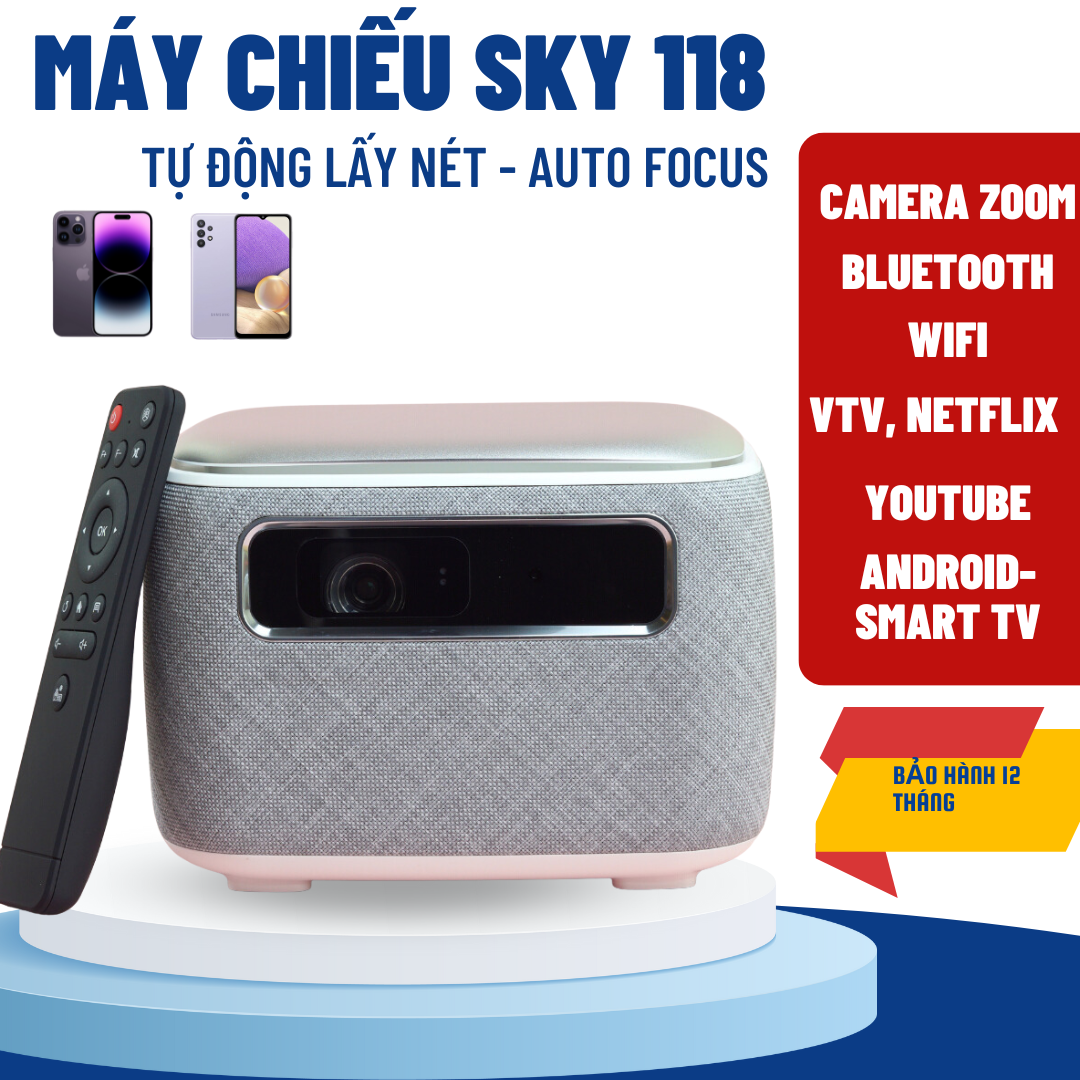 Máy chiếu mini kaw-sky118, máy chiếu cao cấp, độ sáng cao, dung lương pin khủng, độ phân dải 4k, auto focus, bảo hành 12 tháng