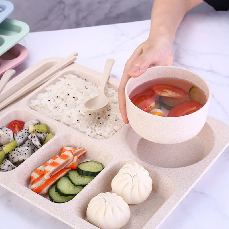 [FREESHIPMAX]Khay cơm lúa mạch 5 ngăn cao cấp có kèm chén đựng canh[BAMBOO HOUSE]