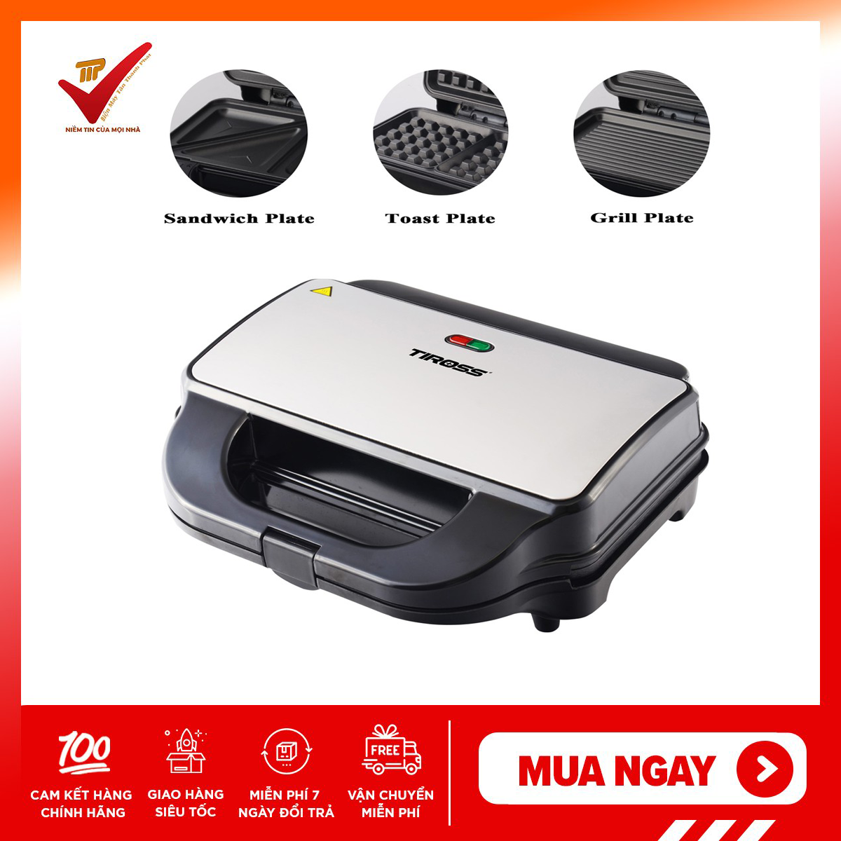 [Voucher 7% Max 800K] [CHÍNH HÃNG] Máy kẹp nướng bánh mỳ Sandwich 3 TRONG 1 Tiross TS9655 - Bảo hành 12 tháng