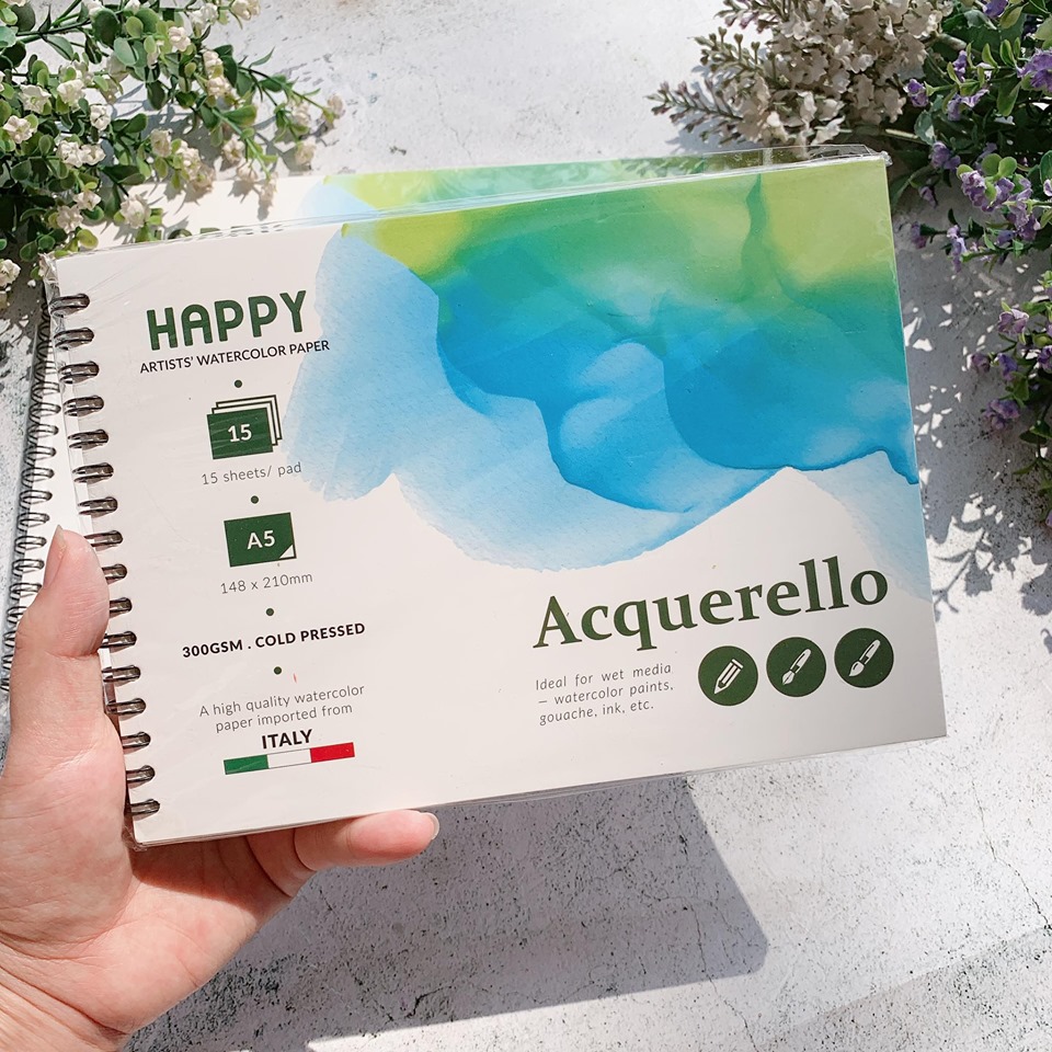 Sổ vẽ màu nước gáy xoắn Happy 300gr 15 tờ