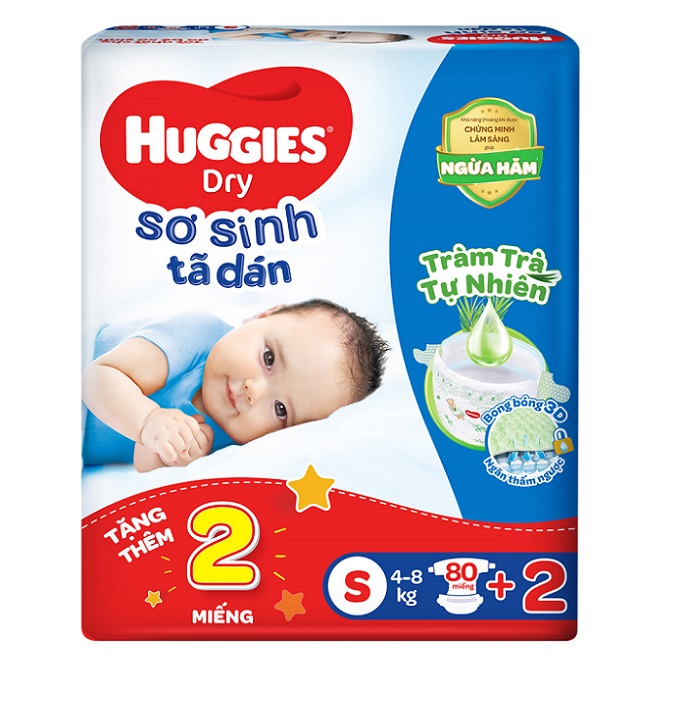 Tã dán Huggies size S80+2M (82 miếng) cho bé sơ sinh từ 4-8kg