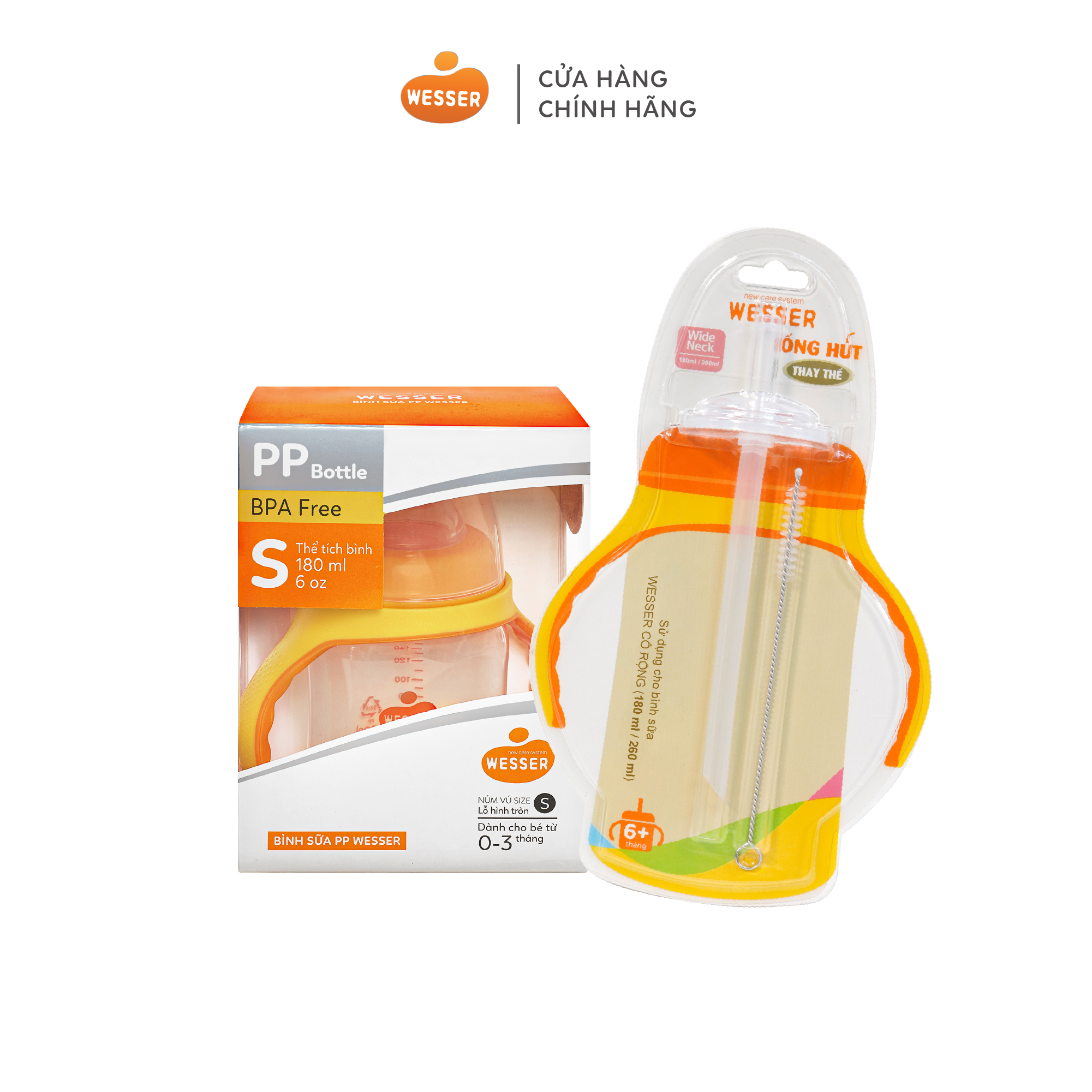Combo Bình sữa PP Wesser 180ml + Ống hút thay thế Wesser