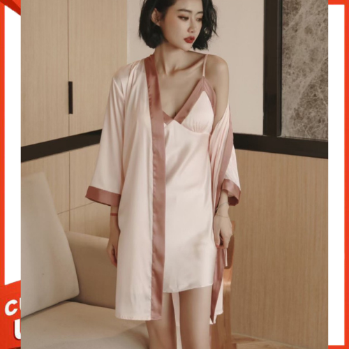 Set đầm ngủ lụa cao cấp mút ngực sẵn, váy ngủ lụa cao cấp kèm choàng