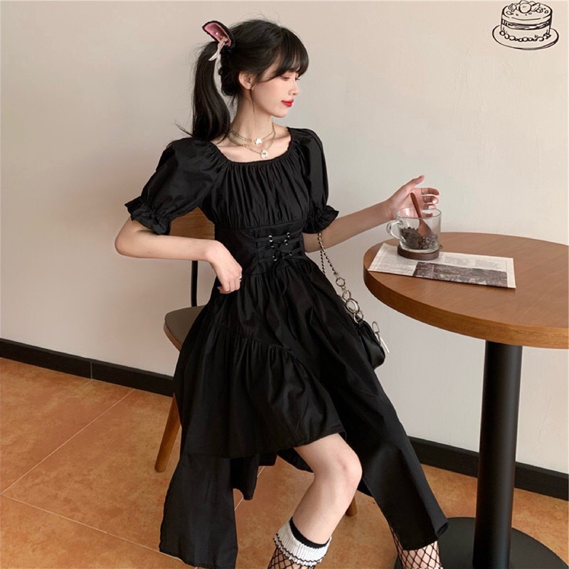 Váy cổ vuông kiểu tay bồng đan dây eo dáng xòe vintage 1sizeshop