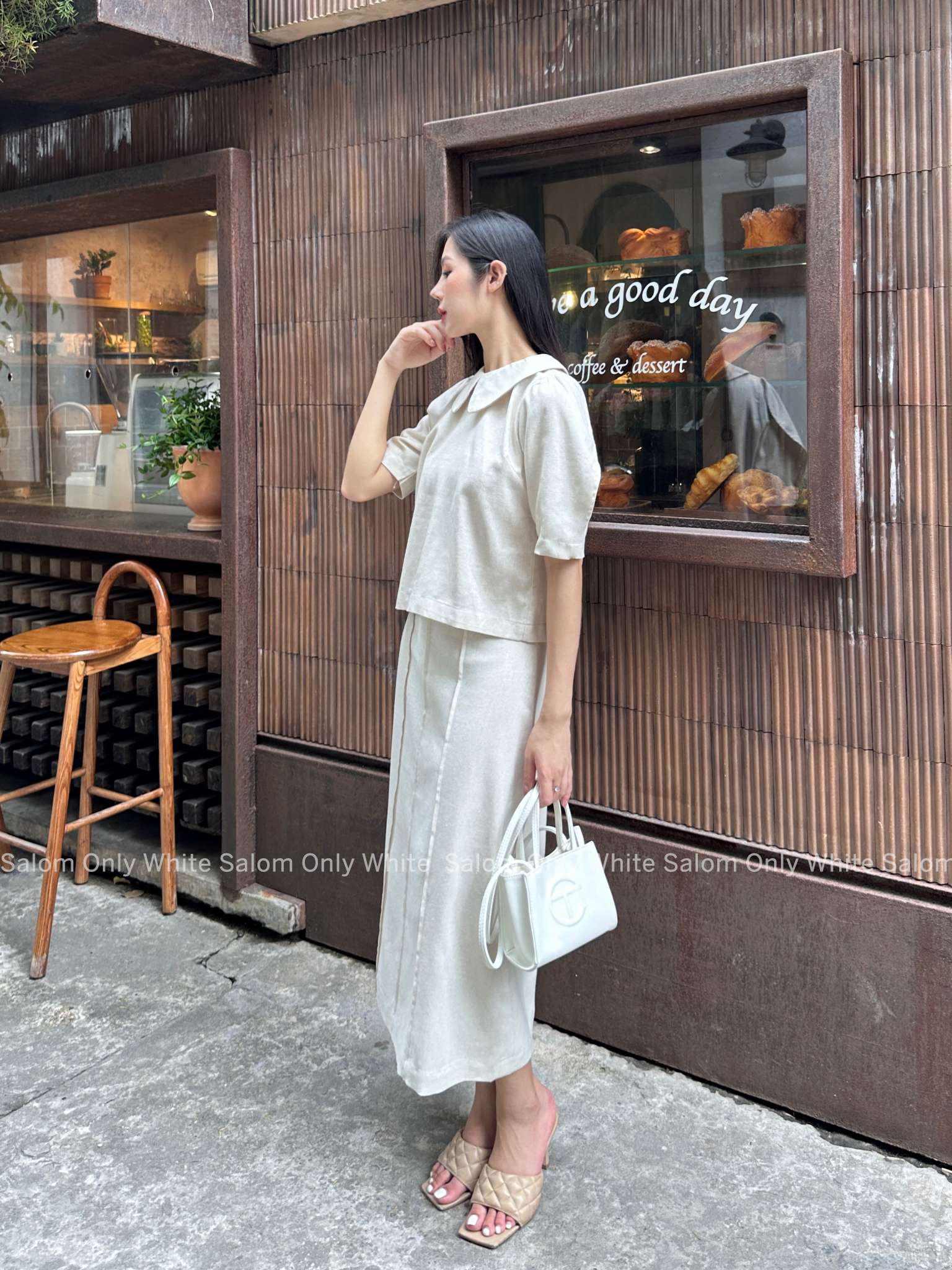 𝐋𝐚𝐝𝐲 𝐋𝐢𝐧𝐞𝐧 𝐒𝐞𝐭 - Set Áo Cổ Sen Và Chân Váy Midi Kẻ Dọc SALOM (Ảnh thật chính chủ)