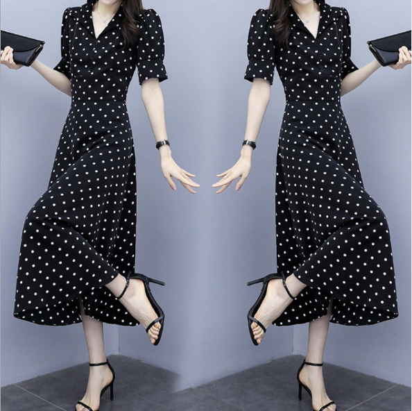 [Sale TẾT 3 Ngày] Đầm nữ maxi họa tiết đen chấm bi, tay lỡ